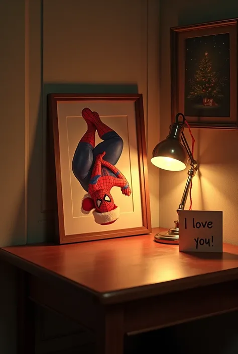 A walnut table with a small lamp in its corner and a portrait of Spider-Man wearing a Christmas hat with the classic pose of holding his own web upside down and written on the photo "My Christmas present" Along with a small standing note written  "I love y...