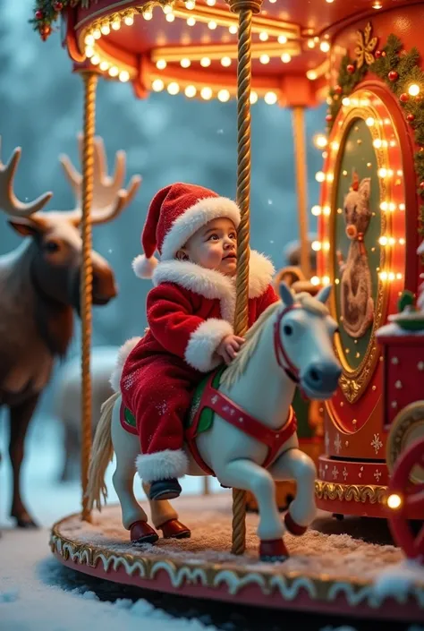 A cute baby,  with a Santa Claus costume ,  including the traditional white beard ,  is on a magical carousel , gently rotating .  The carousel is decorated with vibrant details ,  illuminated by twinkling lights and Christmas ornaments. Baby smiles ,  mar...