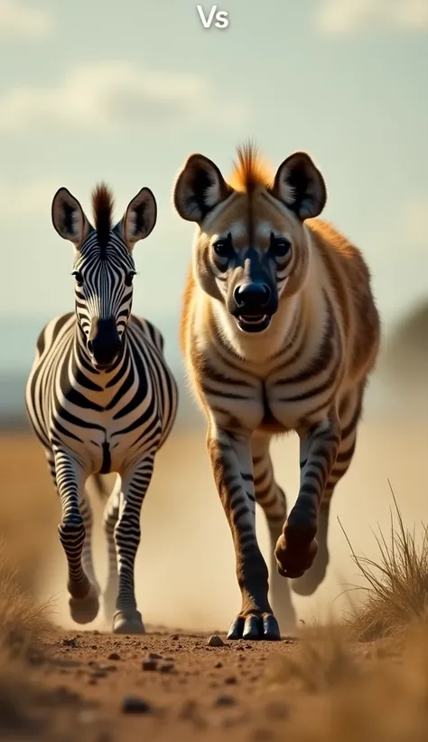 In this cinematic moment, the hyena moves with power and confidence, its posture aggressive and commanding as it strides across the savannah. Below, a zebra walks with grace and alertness, but its body is much smaller and less imposing than the hyena’s. Th...