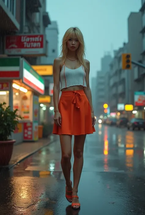 Rainy City Intersection: The portrait is set at a busy city intersection on a rainy day, with the convenience store acting as a colorful beacon amidst the grayness. The rain creates a glossy sheen on the streets, adding depth to the image. The Thai woman s...