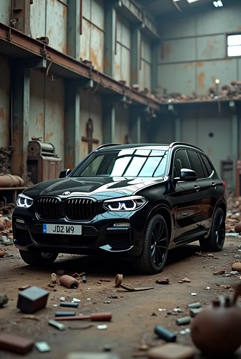 Black BMW x3 in a post-apocalyptic workshop 