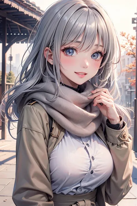 ( Best Quality, high definition ,8k,inelity detailed background, Masterpiece:1.2), pretty girl,Big Breasts, glossy romance gray hair,long hair,messy hair,Beautiful grey eyes, school uniform,  trench coat,  scarf, Gentle look,A refreshing look,Best quality,...