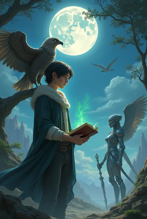 A giant full moon with a tree branch and a beautiful robot stands under the moon. There is a beautiful young man with medium-length hair holding a book from which a light comes out of it. On his shoulder, a powerful eagle holds a magic scepter in his hand....