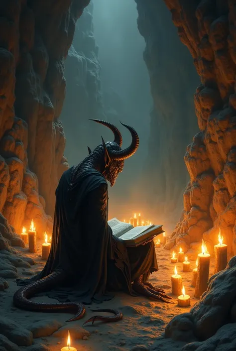 demon with his back turned, reading a book in a dark cave full of candles, hand draw realistic