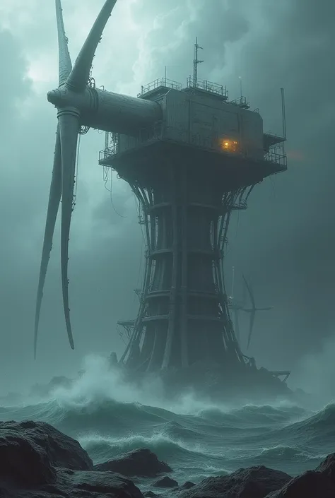 An offshore wind turbine, very sinister and gloomy, like an evil deity who reigns over the depths of the ocean by its ugliness as well as by its size..