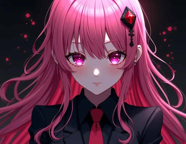 pink haired, anime, girl. bloody, pink eyes, black suit, pink suit, jewel