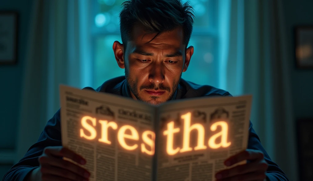 Man reading on newspaper, in back side of a newspaper written "Srestha" , glowing effect 