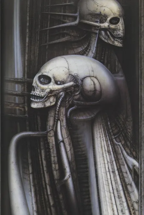 gigerart. A piece of artwork by HR Giger. Giger_style, The image is a detailed view of H.R. Gigers " Landscape XVI " plate, featuring a complex network of bones and organs in a purple-brown hue ,swirling gray and brown colors. The artwork is silver and pur...