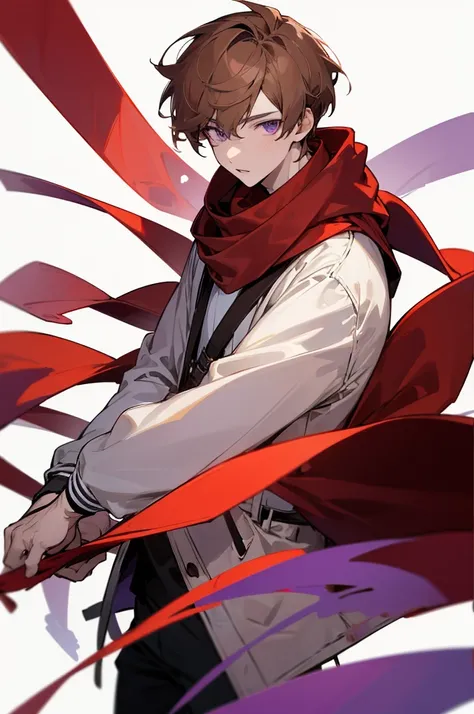 Man with light brown hair, purple eyes, pale skin, red scarf, casual clothes, 27 years old, cartoon, white background.