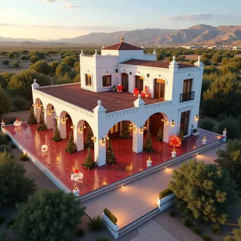 A hyper-realistic ultrarealistic high quality highly detailed picture of an aereal view from drone cam of a majestic white brick cantera one story one level mexican villa at noon in Chihuahua decorated in christmas inflatable characters the red terrace shi...