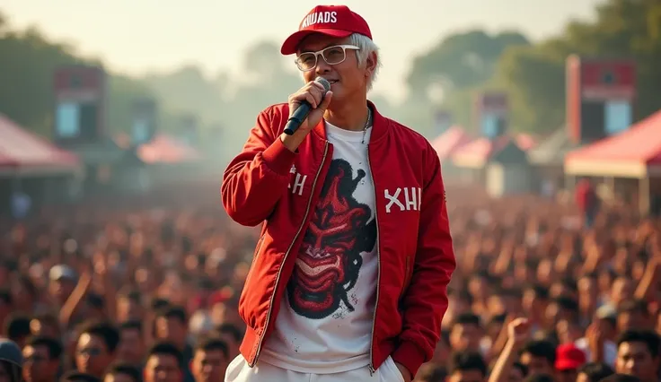 Create a realistic, wide-angle, full-body image of the back of a handsome Thai+Korean rapper performing live at an outdoor music festival. Action singing with his rap group He is the central focal point. in sharp focus Meanwhile, the crowd in the backgroun...