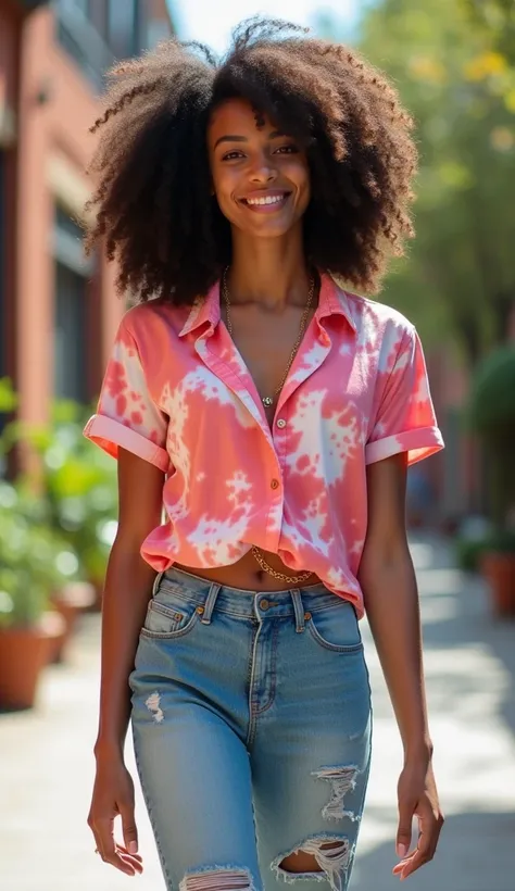 Creat hd high quality B-Roll pictures of Latino African lady wearing in  Tie-dye shirt with distressed jeans for a casual and vibrant look.














