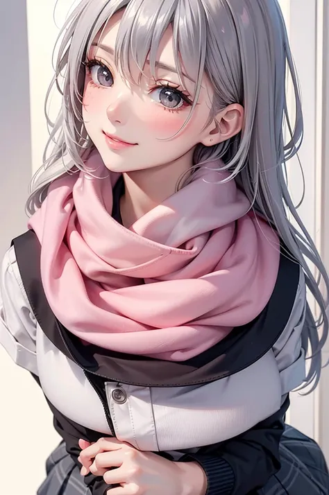 ( Best Quality, high definition ,8k,inelity detailed background, Masterpiece:1.2), pretty girl,Big Breasts, glossy romance gray hair,long hair,messy hair,Beautiful grey eyes, school uniform,  scarf, Gentle look,A refreshing look,Best quality, Best Quality,...