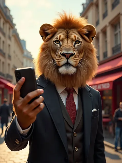 (Masterpiece, photorealistic. High angle view.selfie) a smiling elegant lion wearing an English tailor suit, taking a selfie of himself. Background: street of Paris. bright lighting, crimson and gold mix.