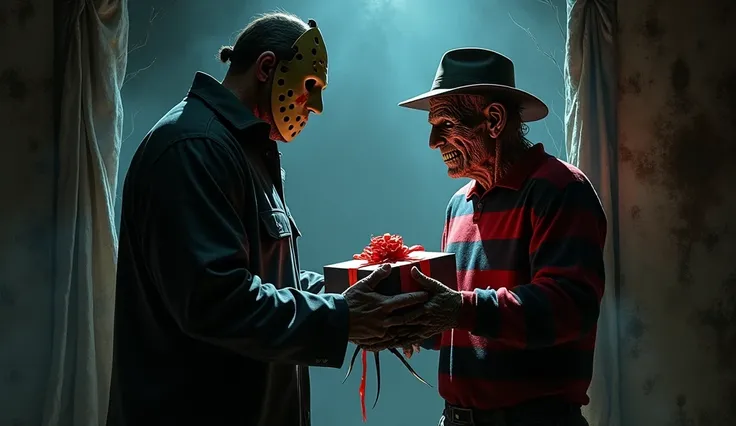 Jason Voorhees gives Freddy Krueger a gift.