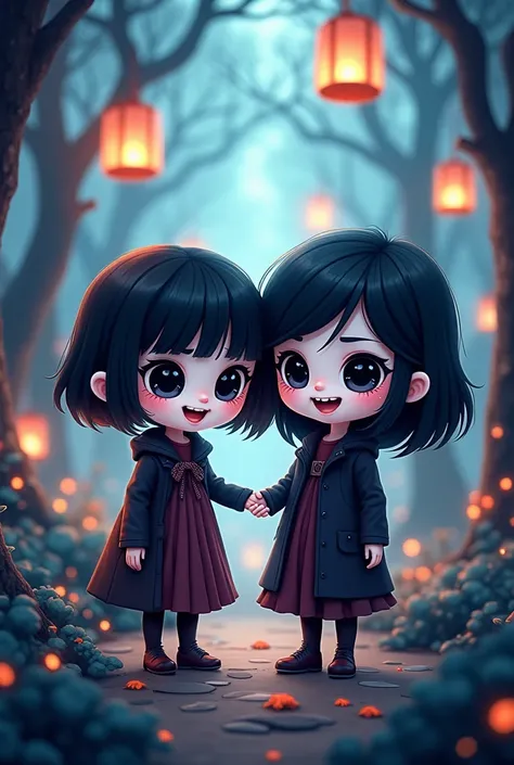 You can create a cartoon of characters with dark-black hair and eyes and pale skin