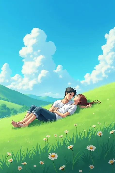 Beautiful image and one couple is laying down on a grass with a beautiful sky