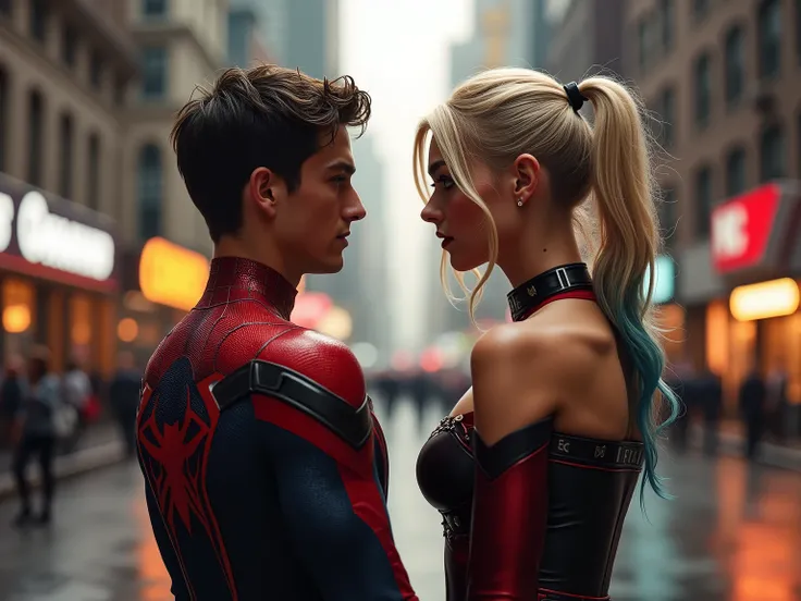 Distant full body wallpaper of Peter Parker and the Harlequin together looking at the viewer

Peter: without mask, moreno, high, 18 years old, Athletic but thin body , A very handsome young man .
Harley Quinn: Blonde with ponytail, high, 21 years old,  str...