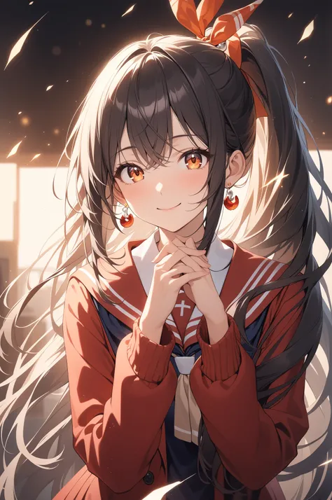  1 girl ,  long hair,  side ponytail , bangs,  long hair, Cross bangs, 紺色の髪,  sparkling magatama in their eyes 、chest, Rabbit earrings 、 smiles,  rough breathing,  eyes sparkle,  take a close look,  Amber Eyes , Navy blue school uniform、 they look like the...