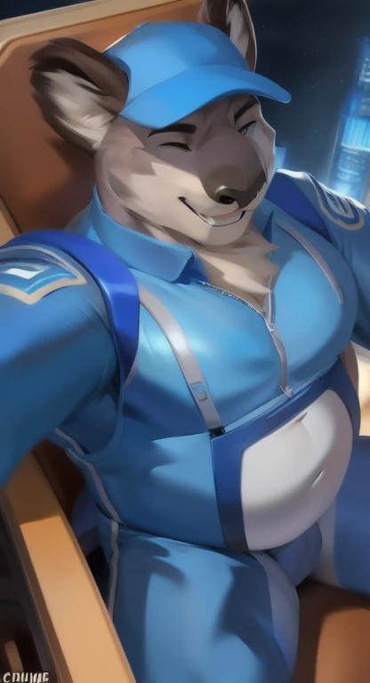 Solo, male Tall​, huge body,​big koala , Chair Ride, blue military spacesuit, overweight, muscular, Sexual Emotions​ happy , by chunie