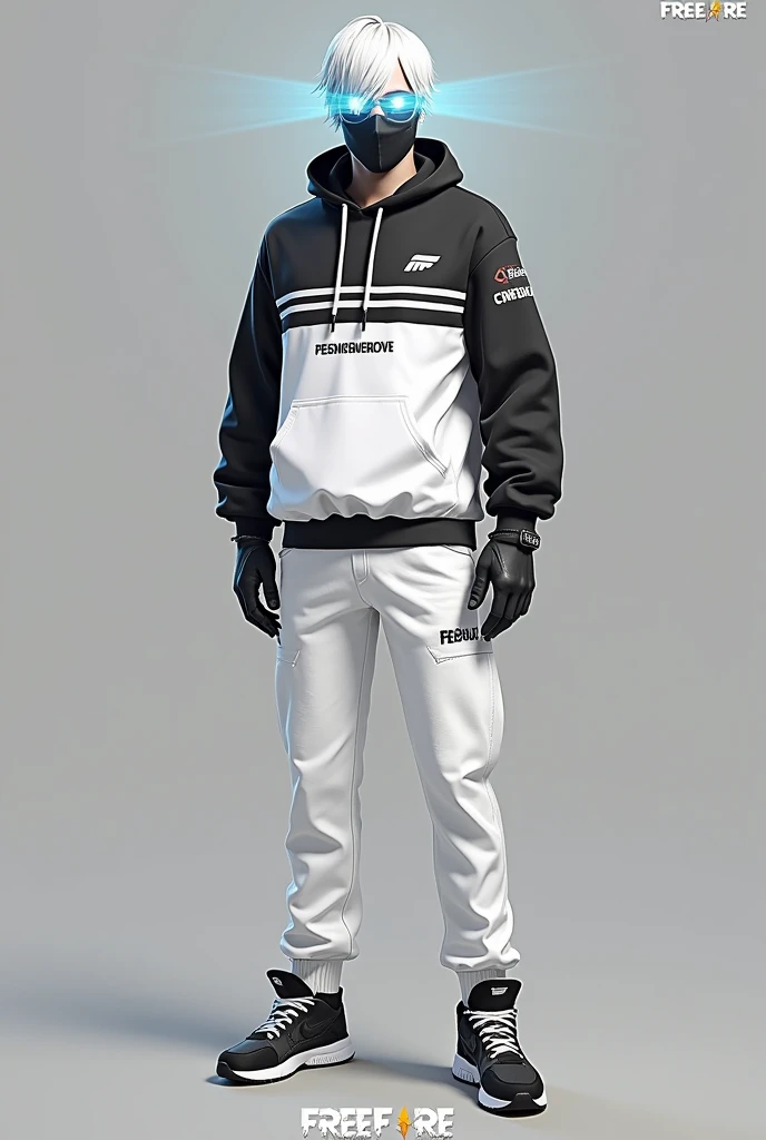 A male character with slightly pointed white hair with blue lights coming out of the eye with a black mask and a white shirt with black stripes and with the Corinthians brand, he wears all white pants and all white sneakers and puts the name Free Fire on t...