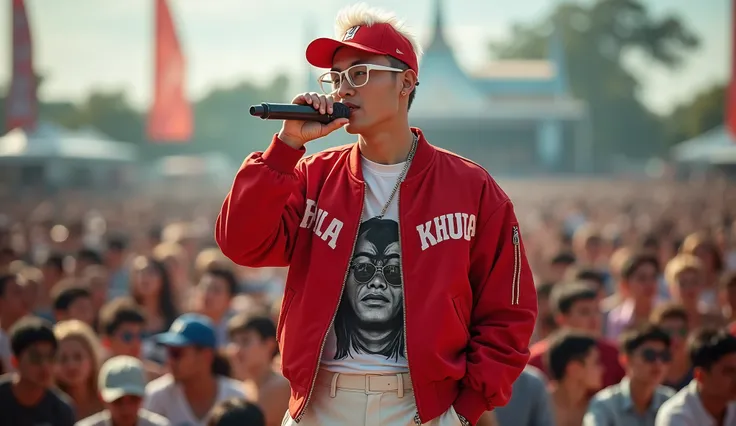 Create a realistic, wide-angle, full-body image of the back of a handsome Thai+Korean rapper performing live at an outdoor music festival. Action singing with his rap group He is the central focal point. in sharp focus Meanwhile, the crowd in the backgroun...