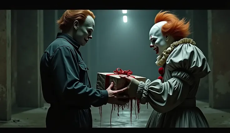 Michael Myers delivers a gift to Pennywise.