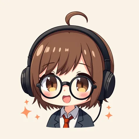  A chibi-style character with brown hair ,  short at shoulder length and with fringe ,  dark brown eyes , And a black headset on the head and wearing glasses