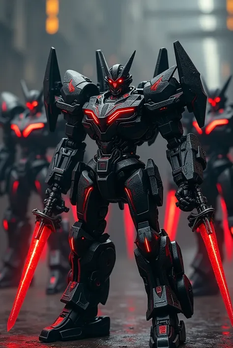 An army of 10 terrifying and imposing black transformers with red lines with red sword and firearms 