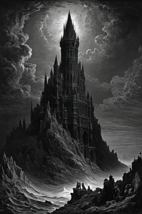 one high Dark black Tower, by Gustave Doré.
best quality, masterpiece, intricate details, ultra-detailed