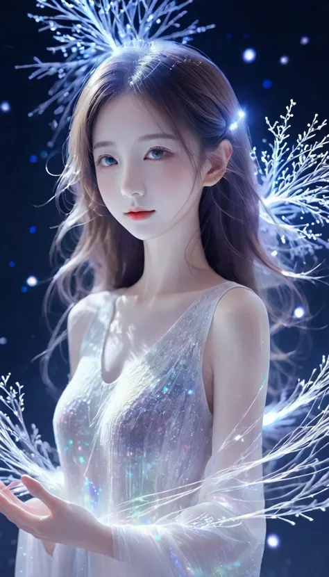 bail_particle,bail_OK,Lines of Light,Particles of light,A girl made of particle,The density of OK at the finger part is high,(Gray Hair:0.3),snow、Beauty　snow景色　Moonlit Night