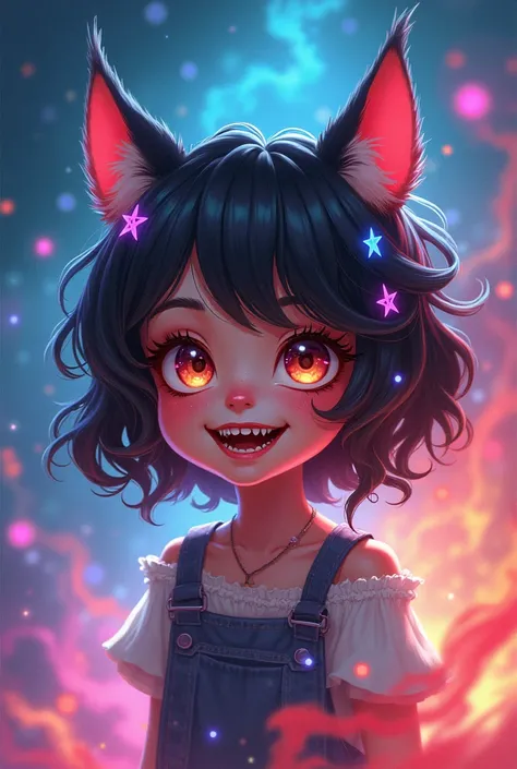 Cute and energetic girl with long wolf teeth and eyes like galaxies, surrounded by colorful stars among her wavy hair And theres colorful smoke bouncing in the air