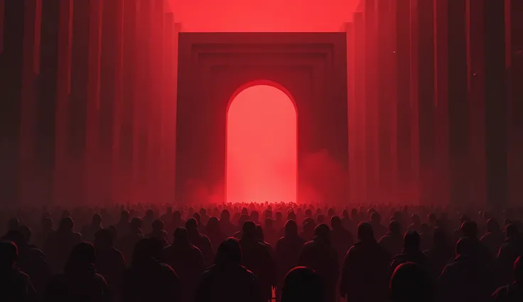 In a dark place, in an environment of red lights, a crowd walks toward a super-wide door.