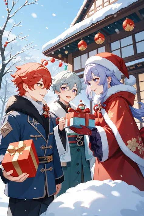 Red-haired young man diluke , 
 lilac-haired little zombie girl qiqi ,
  boy with grey hair behind Razor,
  blond samurai kazuha 
from genshin impact anime,
  New Year, winter, present,
drawn, ibis paint , party,
 4 characters , bunch of gifts , creativity...