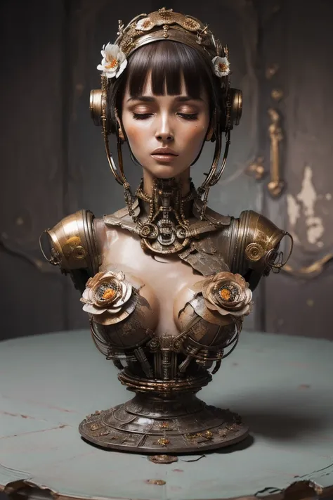 (masterpeace), ((super real photography: 1.5)), ((photo realistic: 1.3)), (real photo), 
A Japanese young girl with a lot of flowers, ((A young girl robot: 1.5)),  (bust statue), 
BREAK
headgear, ((real metalic skin)), ((beautiful face: 1.5)), ((Super cute...