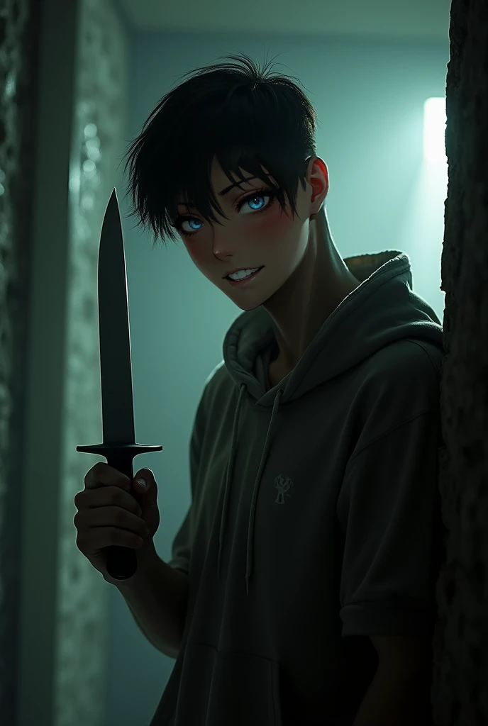 A young man holding a knife while smiling