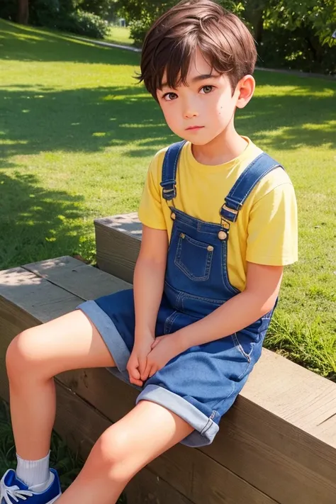 1boy, young british boy in overalls with shorts and a yellow shirt underneath, sitting on knee, glowing blue eyes, outdoor, close-up