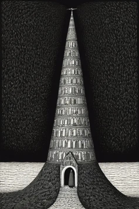 one high Dark black Tower, by Edward Gorey.
best quality, masterpiece, intricate details, ultra-detailed