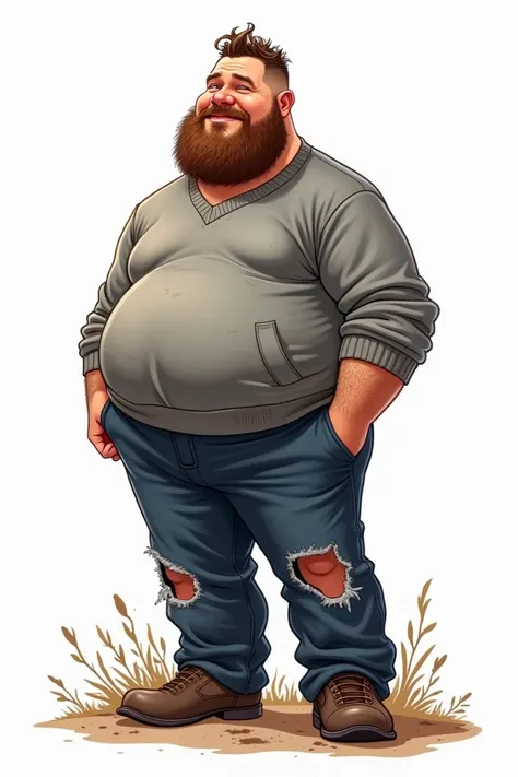 Humorous cartoon illustration, 40 year old man, with a bit of a belly, very very short curly brown slick hair, beard, large gray sweater, dark blue work pants torn off, dusty, farmers, tractor, white background