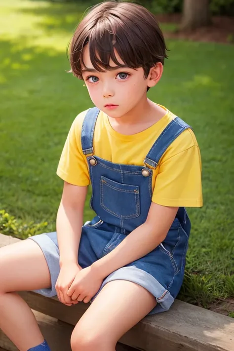 1boy, young british boy in overalls with shorts and a yellow shirt underneath, sitting on knee, glowing blue eyes, outdoor, close-up