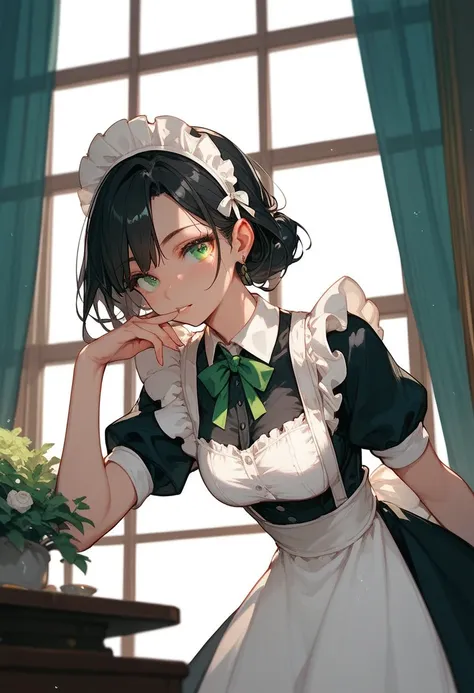  A hot anime girl with long black hair, green eyes and wearing a a maid outfit... in front of  a fancy window