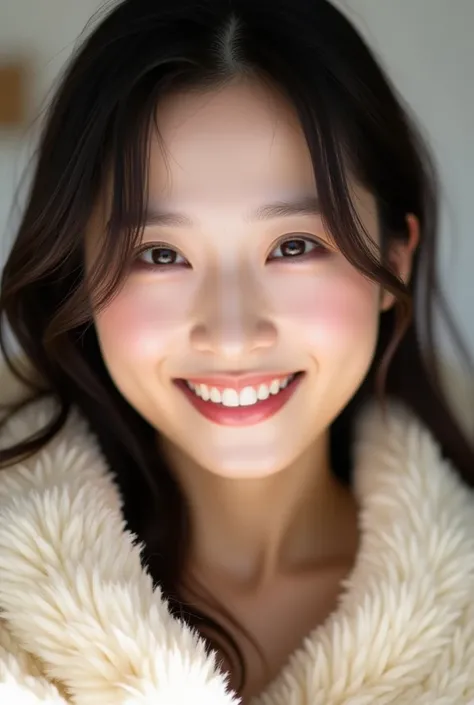 A close-up portrait of a cute East Asian woman with long, dark hair, softly framing her radiant face. She is cozily wrapped in a fluffy cream-colored blanket, smiling warmly with gentle dimples and sparkling eyes. The soft natural lighting creates a cozy, ...