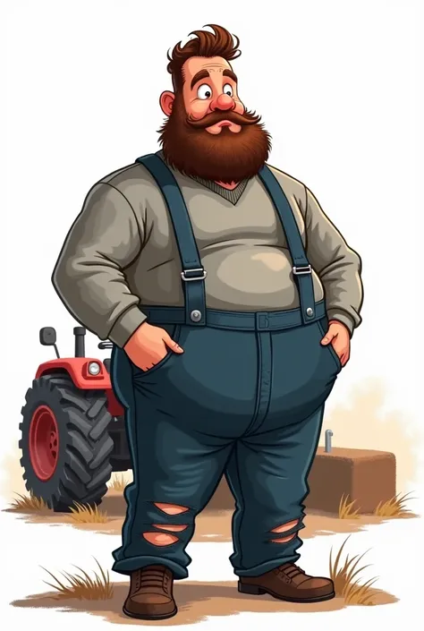 Humorous cartoon illustration, 40 year old man, with a bit of a belly, very very short curly brown slick hair, beard, large gray sweater, dark blue work pants torn off, dusty, farmers, tractor, white background