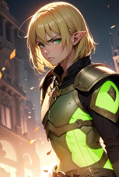  I want an elven man with blond hair cut green eyes all light lime green armor,Sword and serious face 