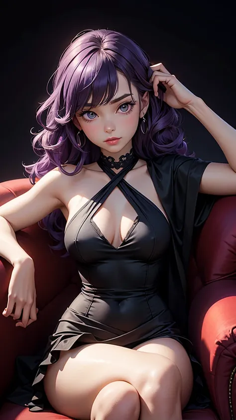 (masterpiece), (best quality), (detailed), light layer, 1solo girl, young girl, perfect body, purple hair in curls, defined large chest, small waist,defined collarbone, ultra realistic, photorealistic, detailed, ,Enhance, wearing a black one piece party dr...