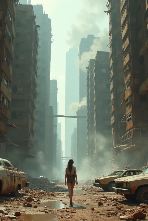 image of the center of an ultra futuristic rusty and dirty post apocalyptic city during the day with huge buildings with hundreds of abandoned apartments and broken windows. There are rusty and dirty car bodies in the buildings, white smoke coming out of a...