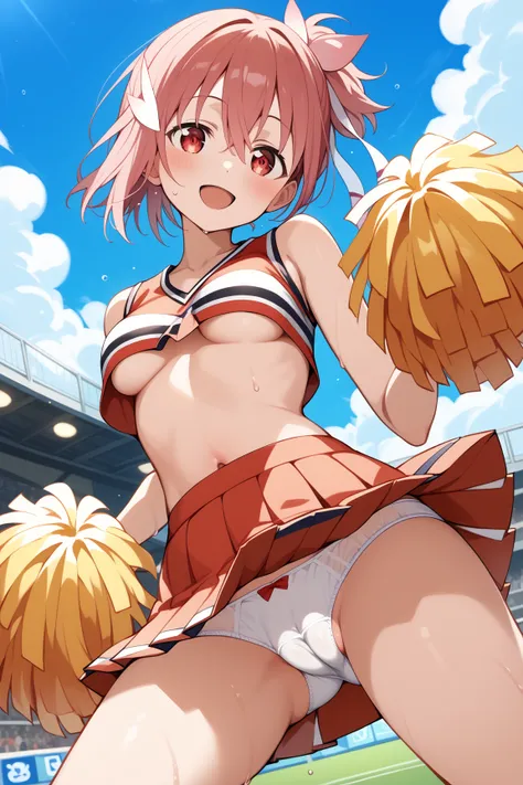 Yuuki Yuna,megami magazine,short hair,red hair,short ponytail,hair ribbon,white ribbon,hair ornament,pink hair ornament,bangs,hair between eyes,red eyes,small breasts,
(cheerleader:1.3), (pleated skirt:1.3),(stripe crop top:1.2), sleeveless shirt, small br...