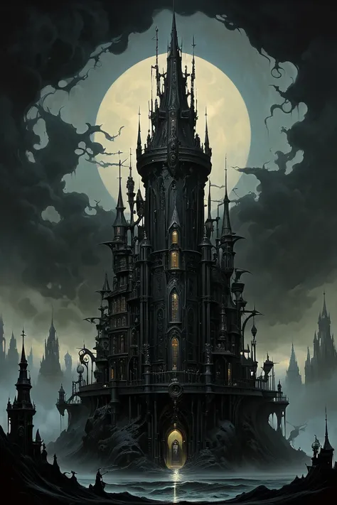 one high Dark black Tower, by Tim_Burton and Peter Mohrbacher and Gerald Brom.
best quality, masterpiece, intricate details, ultra-detailed