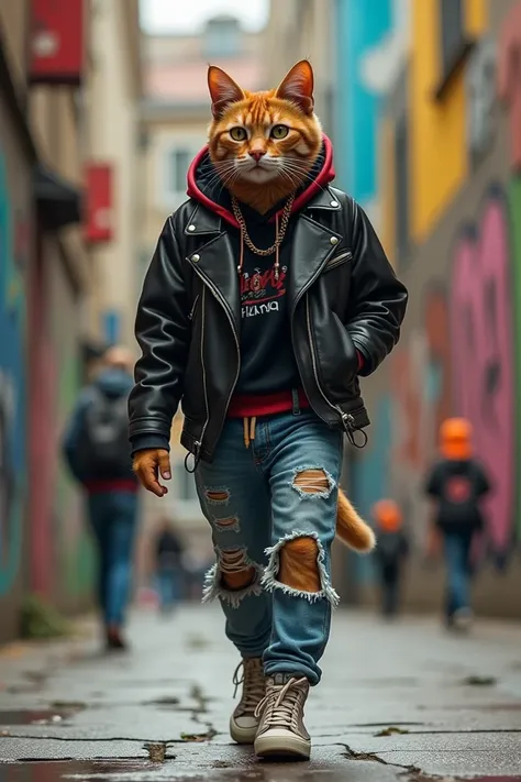 Casual Cool Streetwear Cat" – A confident, humanoid cat in a stylish leather jacket, ripped jeans, and sneakers, walking with swagger. The background features a street-style fashion show with graffiti-covered walls.