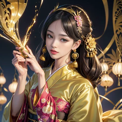 Detailed background((kyoto:1.2),Detailed background)、(Gorgeous and elegant backgrounds:1.2), break,elaborate costume{Luxury kimono(Colorful kimono(Detailed golden embroidery,))}、Japanese Idol(actress),Depict a beautiful and graceful woman of Japan。glossy d...